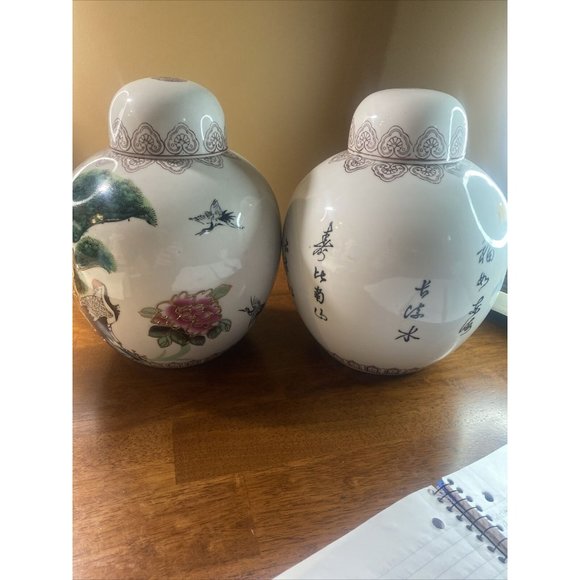 CHINESE OR JAPANESE ASIAN VASE CADDY JAR POEM PAINTED MORIAGE LOTUS BIRDS PAIR